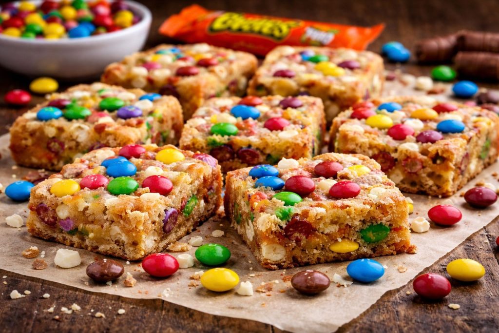 Blondies au chocolat blanc et bonbons la recette facile et ultra fondante